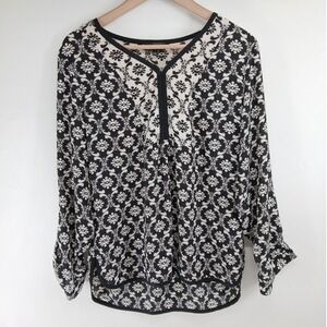 The Limited Floral Damask Print Long Sleeve Blouse Tunic Top Black White Size S